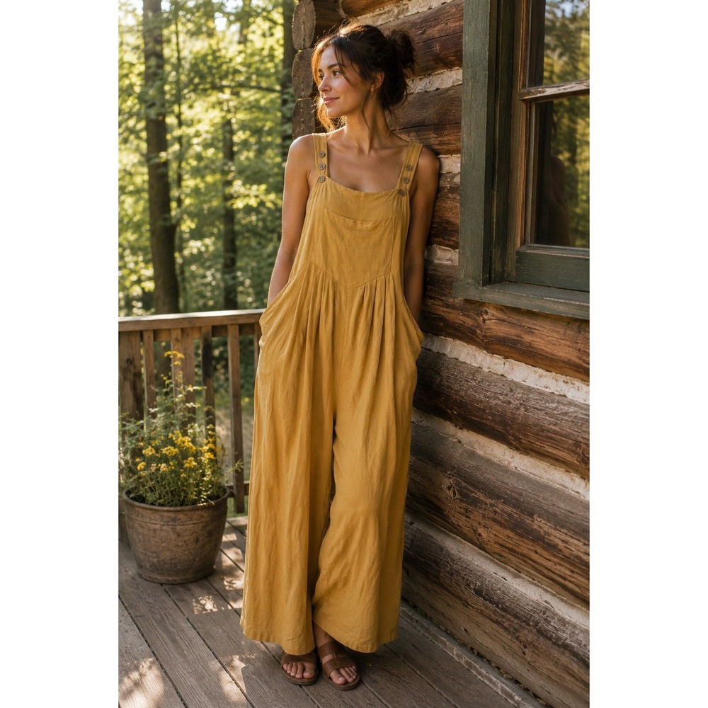 Baggy Wide Leg Suspender Overalls Jumpsuit Romper Yellow Sz Small Boho